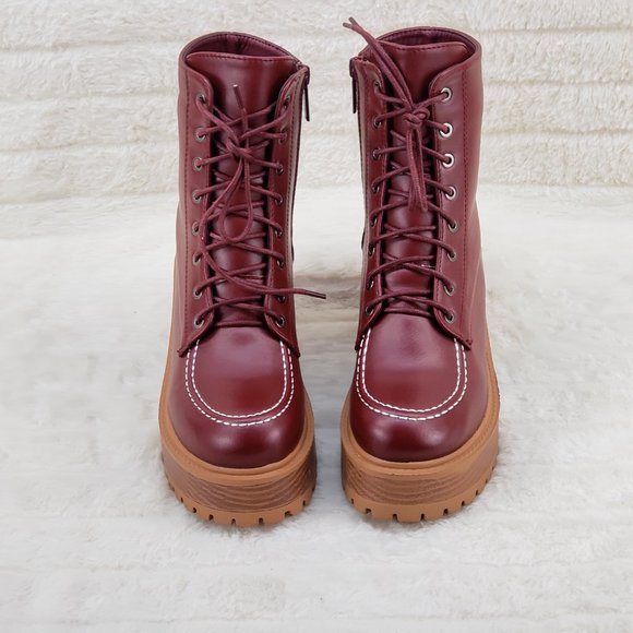Light Weight Cherry Wine Wood Look Chunky Platform Combat Boots - Picture 4 of 10